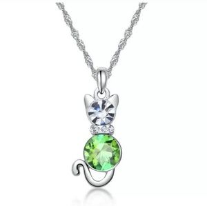 New Kitty Cat Charm Green Crystal Silver Necklace.
